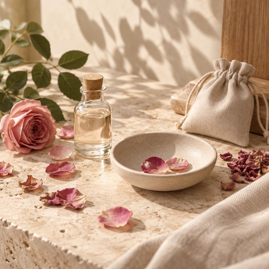 Rose aroma ritual still life with a small glass bottle, ceramic dish and rose petals